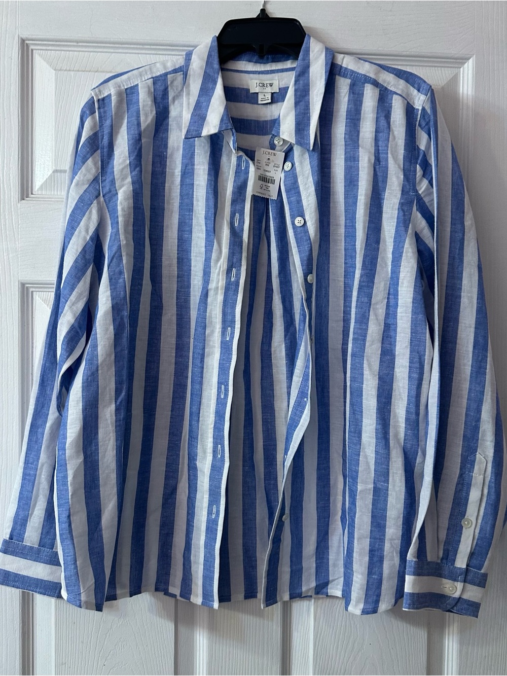 J.Crew Women’s L Blue White Stripe Linen Cotton Button Down Shirt NWT